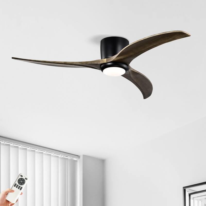 52" Flush Mount Fan Light, 3 PCS Solid Wood Blades Ceiling Fan with Lights Remote Control, Quiet DC Motor, 6 Speed
