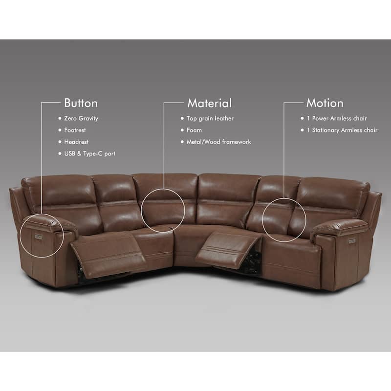 5PCS, 3 power Recliners, Dual-Power Genuine Leather Reclining Sectional with Adjustable Headrest
