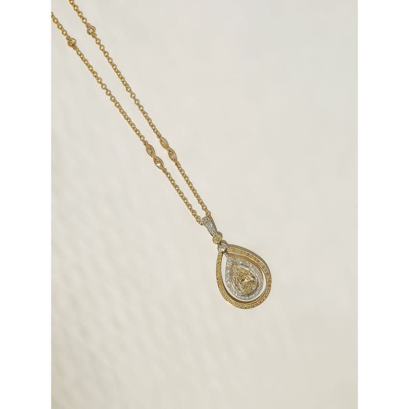 Kobelli 2.45 Carat Natural Fancy Yellow Diamond GIA Certified 18k Solid Two-Tone Gold Orbit Halo Pear Circuit Necklace