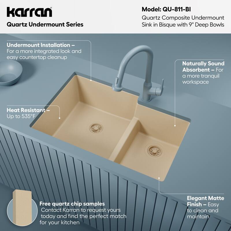 Karran Undermount Large/Small Bowl Quartz Kitchen Sink - 32" x 21.25" x 9" - 32" x 21.25" x 9"