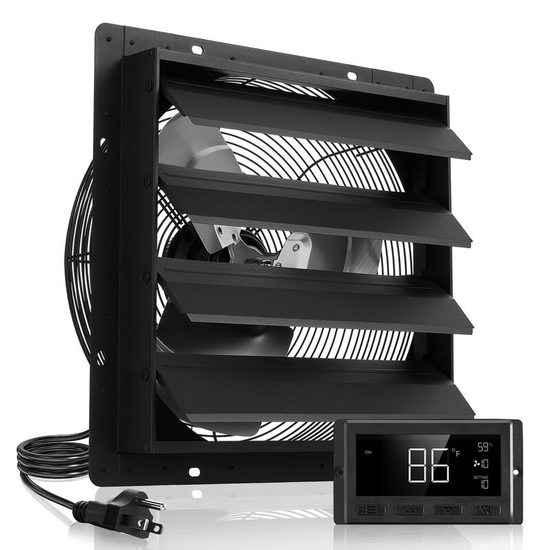 16 inch Shutter Exhaust Fan, Wall Mounted Attic Vent Fan with Programming Variable Speed Temperature Control, 2900 CFM, EC Motor - Black