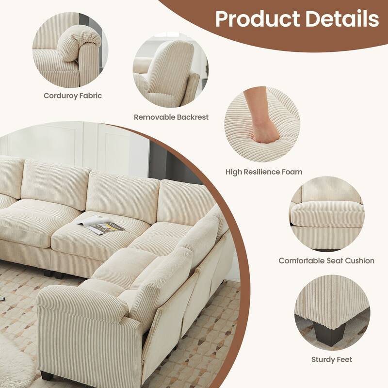 Corduroy Corner Sectional Sofas with Chaise, U-shaped Symmetrical 8-seat Modular Couch