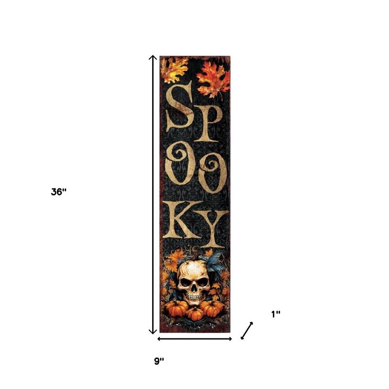 HomeRoots 36" Black Gold And Orange Solid Wood Spooky Halloween Skull Porch Sign