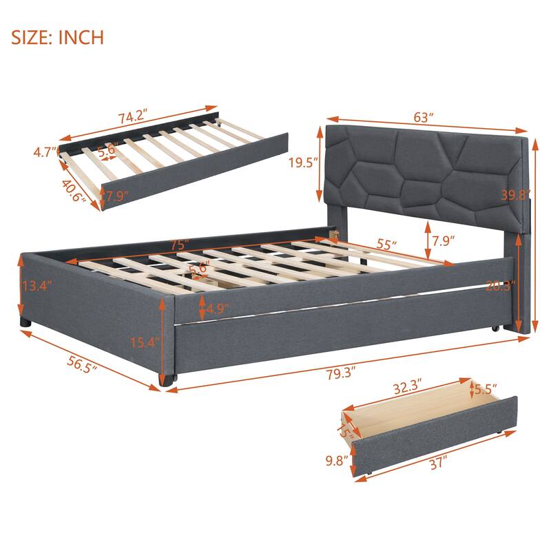 Grey Linen Fabric Full Size Upholstered Platform Bed with Brick Pattern Headboard, Twin Size Trundle, and 2 Drawers