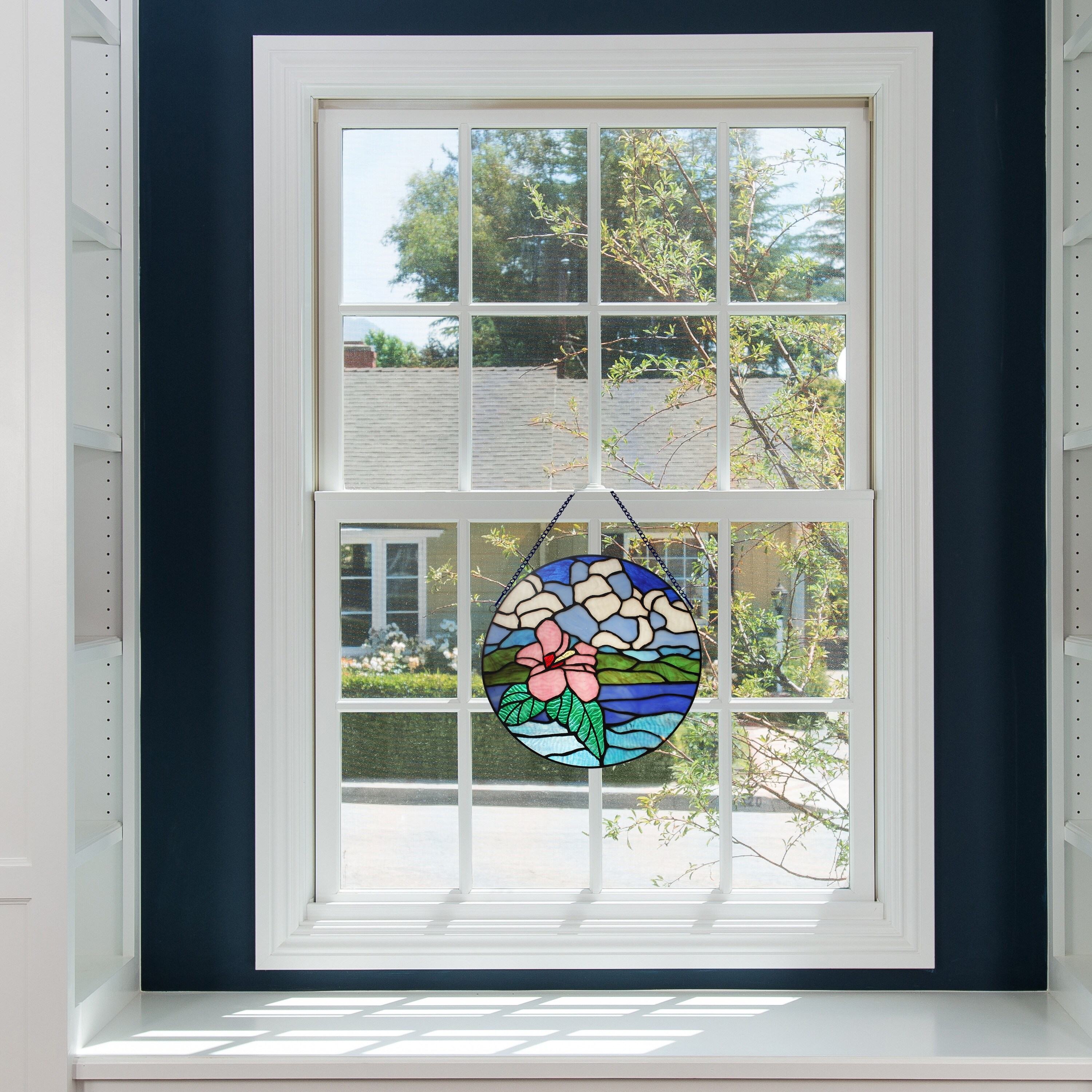 Tropical Hibiscus River of Goods Pink Stained Glass Window