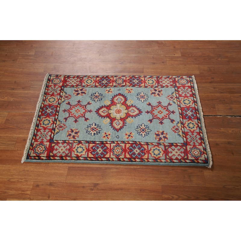 Light Blue Geometric Kazak Oriental Foyer Rug Hand-Knotted Wool Carpet - 2'0" x 3'0"