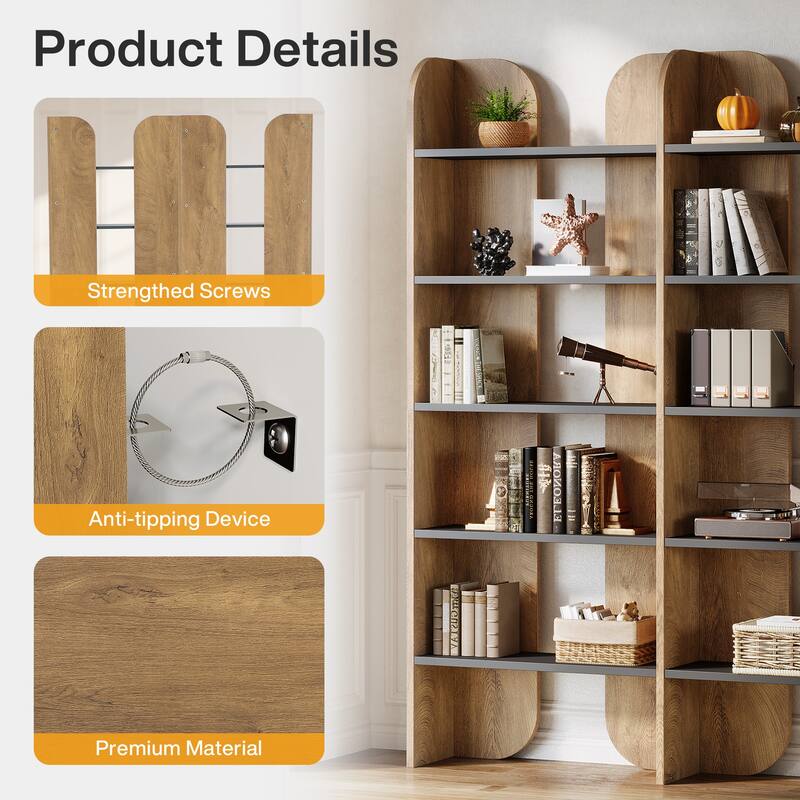 5-Tier Farmhouse Bookshelf, 70.87-Inch Double Wide Bookcase