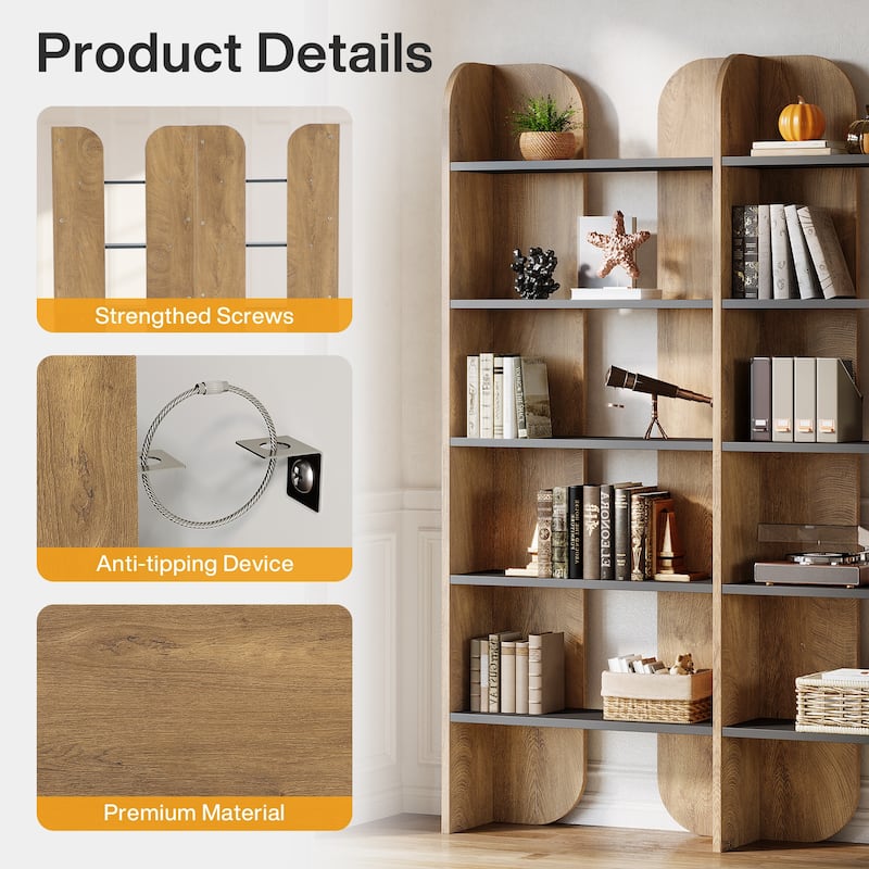 70.87" 5-Tier Double Wide Bookshelf, Open Shelves Tall Floor Standing Bookcase Storage Accent Shelf