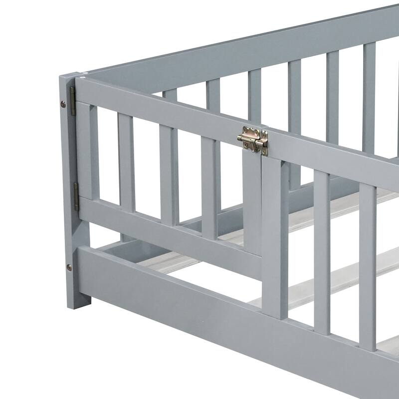 Full Size Grey Rubber Wood Floor Bed with Safety Guardrails and Door