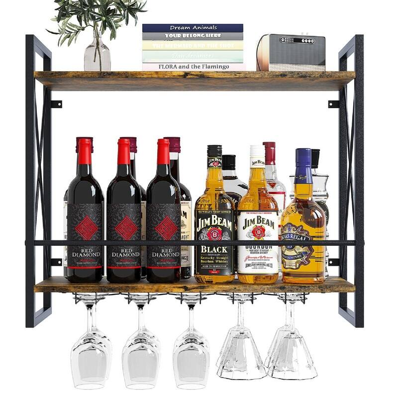 Wine Rack Wall Mounted 2 Tier Shelf - 23.6"D x 7.9"W x 20.4"H - Rustic Brown
