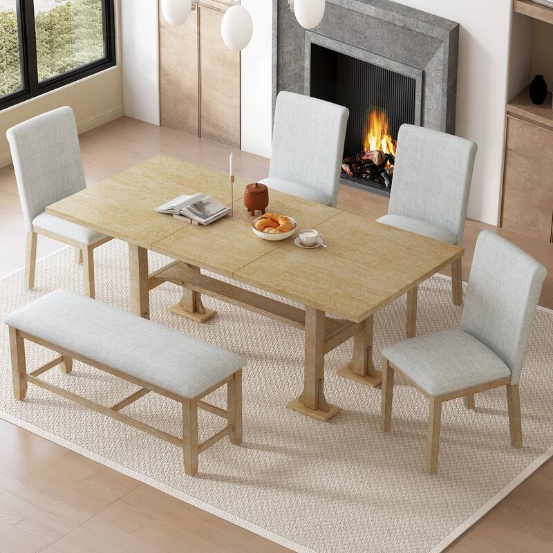 Farmhouse Style 6-Piece Extendable Dining Table Set with Removable Leaf and 4 Upholstered Chair and Bench - Natural