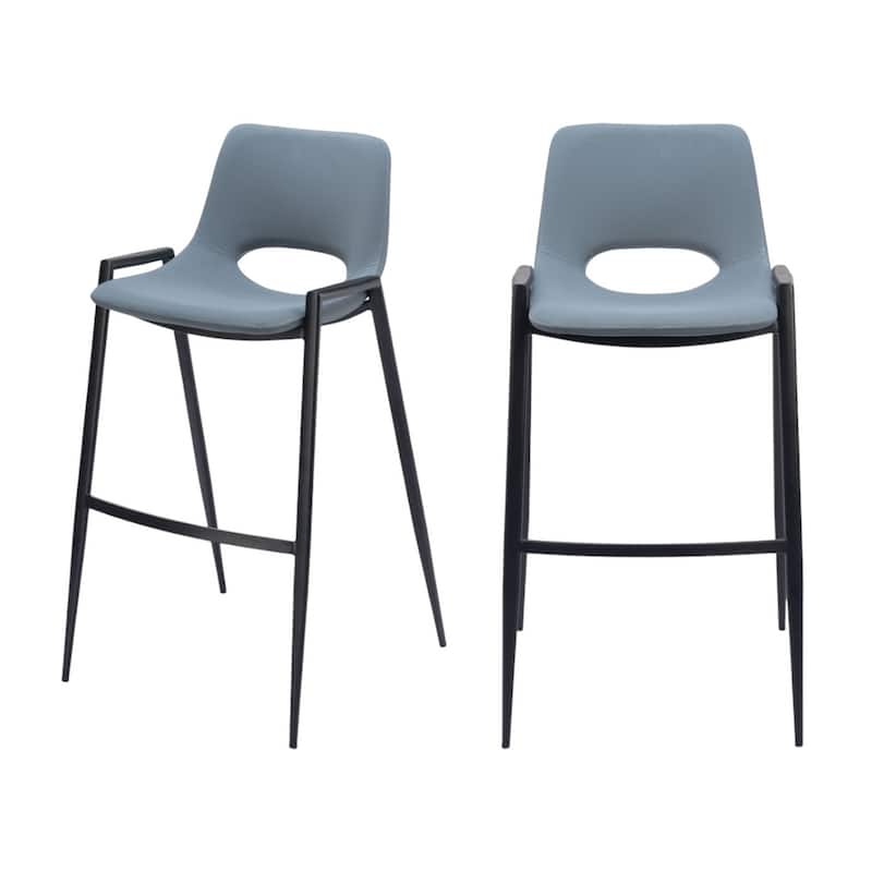 Set of Two 30" Blue And Black Faux Leather And Steel Low Back Bar Height Bar Chairs