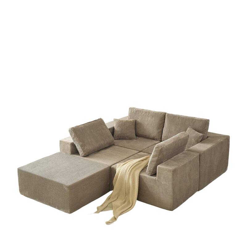 Modular L Shaped Sectional Sofa with Ottoman, Corduroy Boneless Cloud Sofa, 4 Seater Compressed Sofa with 2 Pillows