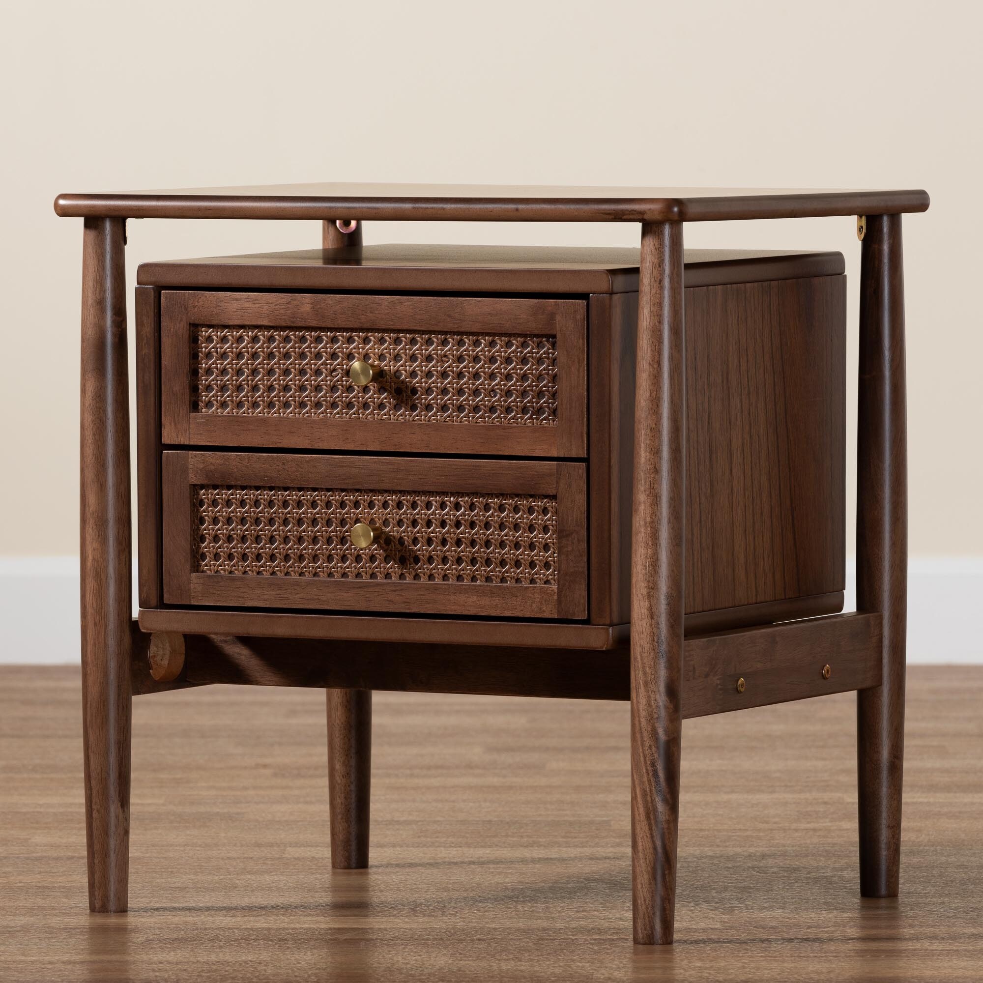 Alyssa Japandi Walnut Brown Wood 2-Drawer Nightstand Woven