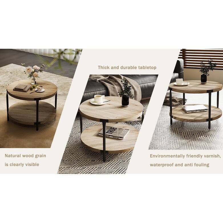 Modern Minimalist Style Round Bohemian Coffee Table Wooden 2 Layer Coffee Table with Large Storage Space, for Living Room