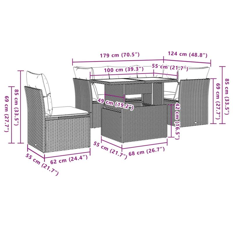 vidaXL Patio Sofa Set with Cushions Modular Outdoor Seating 6 Piece Poly Rattan - 24.41 x 24.41 x 27.17