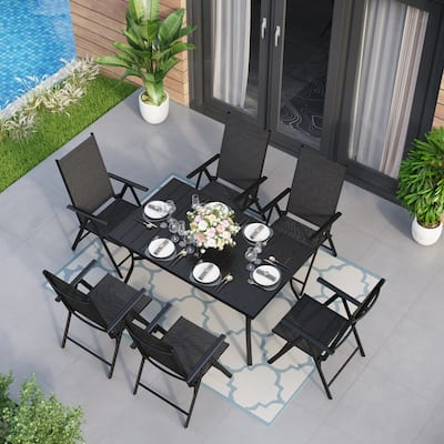 7-Piece Patio Dining Set Rectangle Metal Dining Table with 2.6" Umbrella Hole and 6 Foldable Aluminum Lightweight Chairs