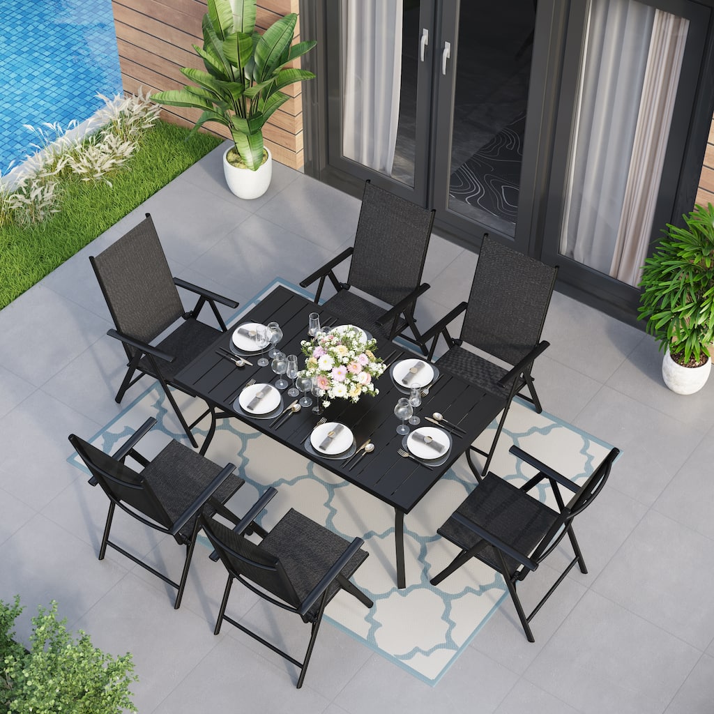 7-Piece Patio Dining Set Rectangle Metal Dining Table with 2.6" Umbrella Hole and 6 Foldable Aluminum Lightweight Chairs