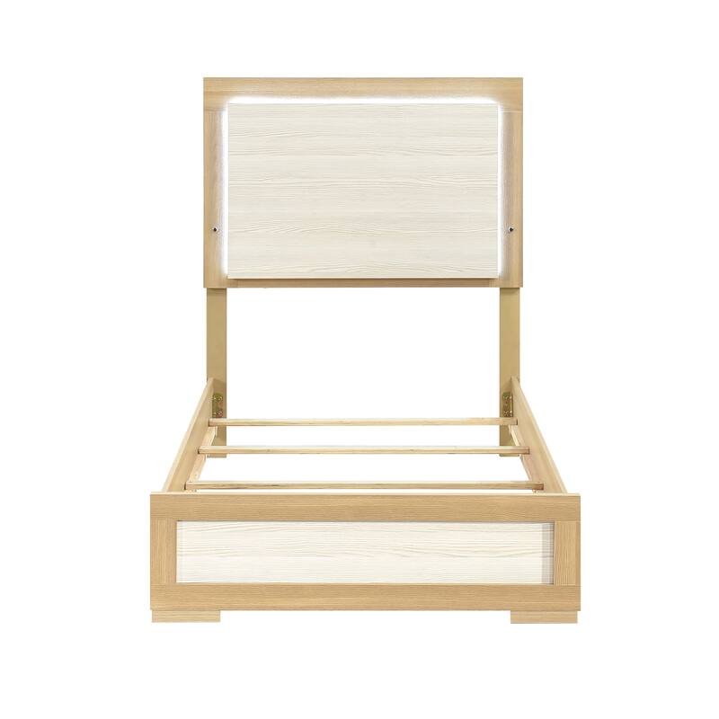 Modern Twin Size LED Headboard Bed in Natural and White Finish