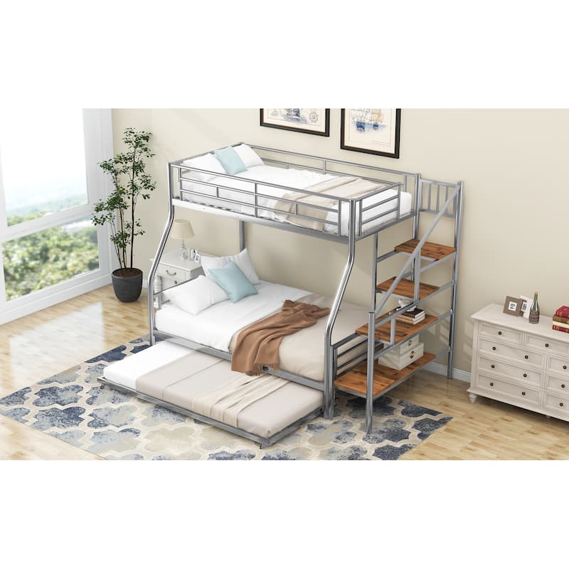 Space-Saving Twin Over Full Bunk Bed with Trundle, Storage Staircase, and Guardrails, Metal Frame