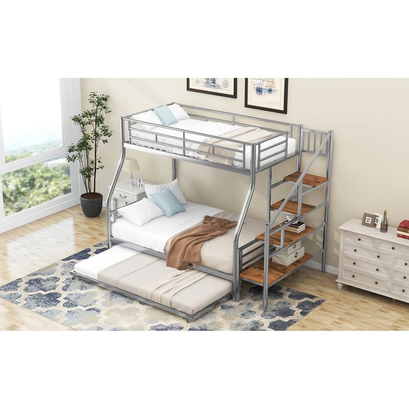 Twin Over Full Bunk Bed with Trundle, Storage Staircase, Safety Guardrails