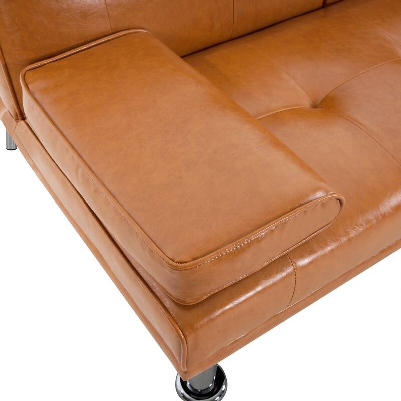 Convertible Futon Sofa Bed with Armrests & Cupholders - Faux Leather Reclining Couch for Small Spaces