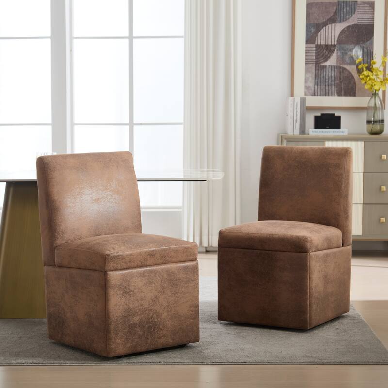360 Degree Swivel Upholstered Dining Chairs Set of 2,Swivel Dining Chairs with Casters & Storage, Modern Rolling Chair - Coffee
