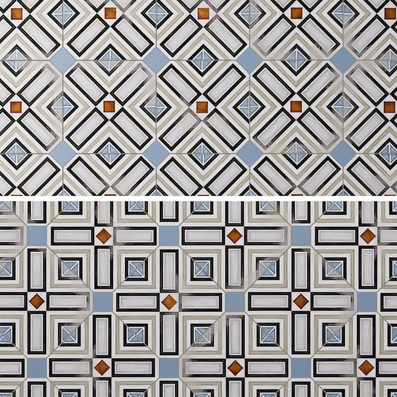 Merola Tile Vaudeville Octagon Deco Ritter with Taco Azzuro 7-7/8" x 7-7/8" Porcelain Floor and Wall Tile
