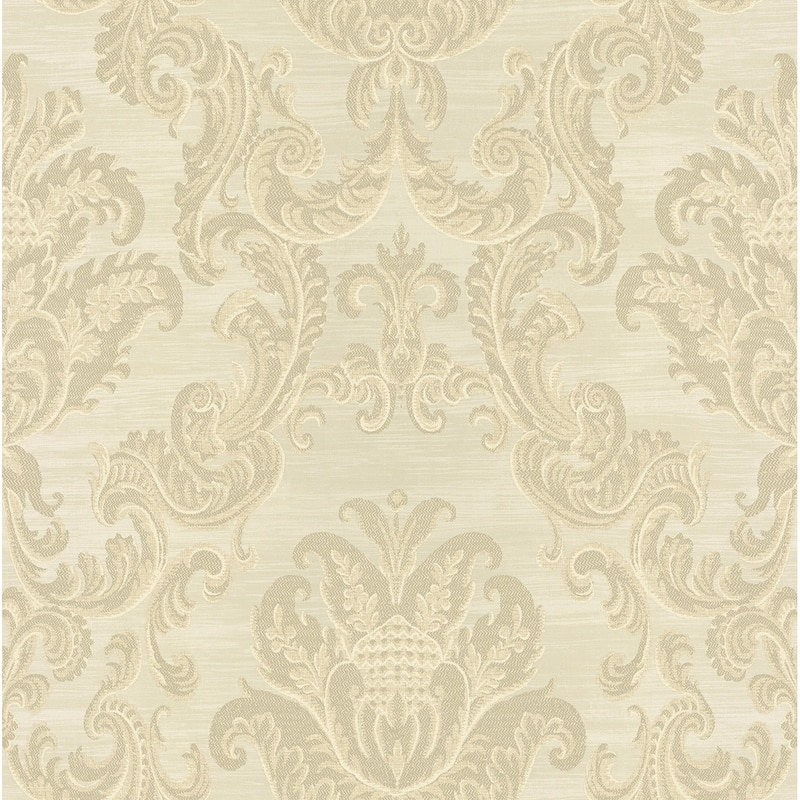 Seabrook Designs Woodcroft Damask Unpasted Wallpaper - 20.5 in. W x 33 ft. L - Metallic Parchment & Greige