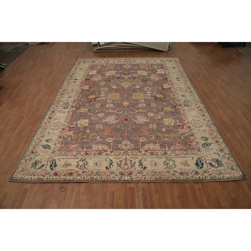 Hand Knotted Oriental 100% Wool Carpet Transitional All-Over Greys & Charcoal Oushak Area Rug - 13' 9'' X 10' 1''