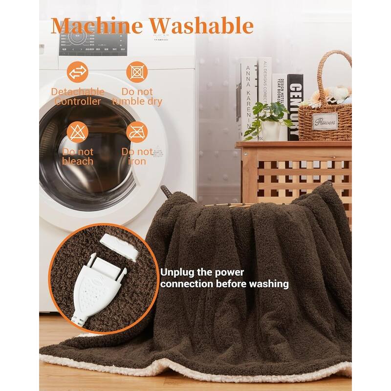 50"x60" Sherpa Machine Washable Electric Blanket Heated Throw, Brown