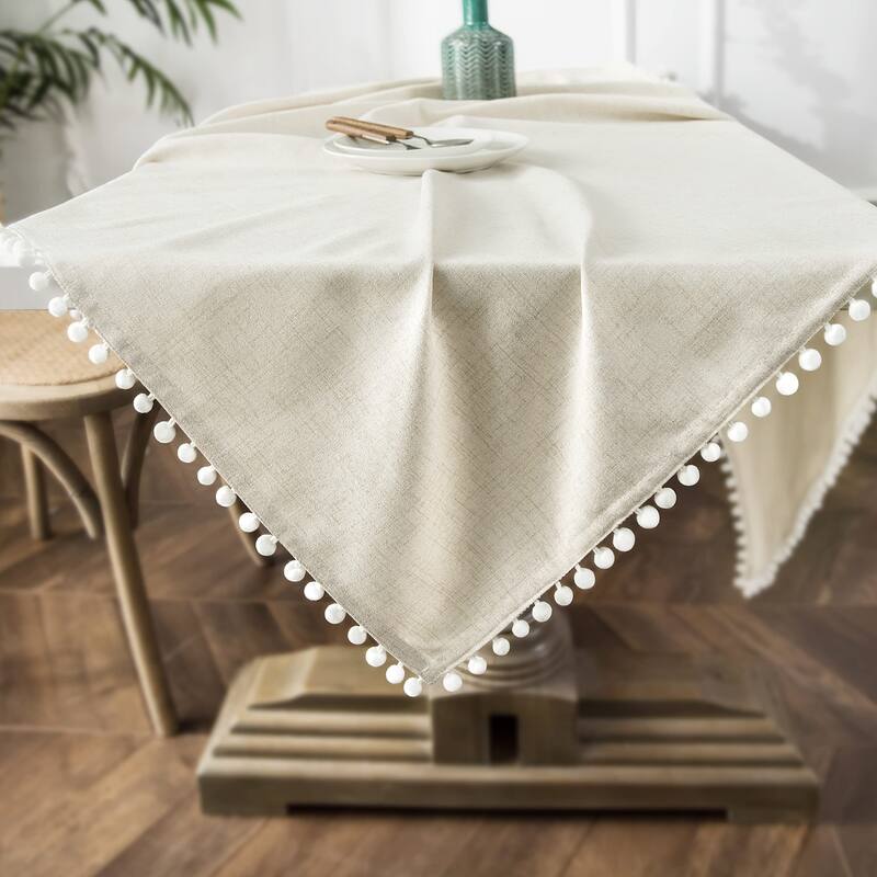 DriftAway Pom Pom Tassel Rectangle Linen Textured Decorative Table Cloth