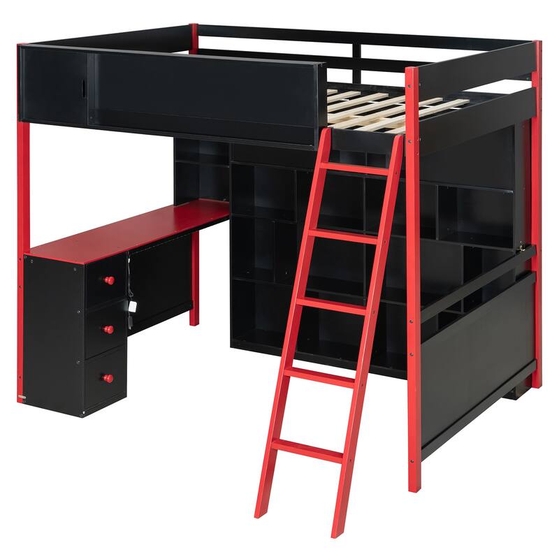 Full Size Wood Loft Bed with Desk, Ample Storage Space and Light