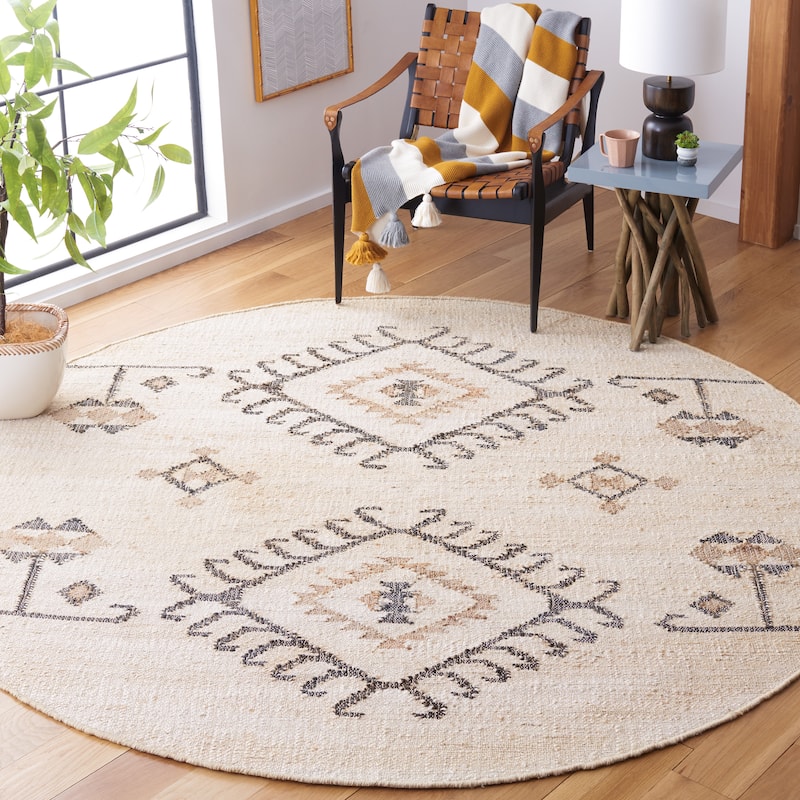 SAFAVIEH Flatweave Kilim Emiljana Jute Rug - 3' Round - Ivory/Black