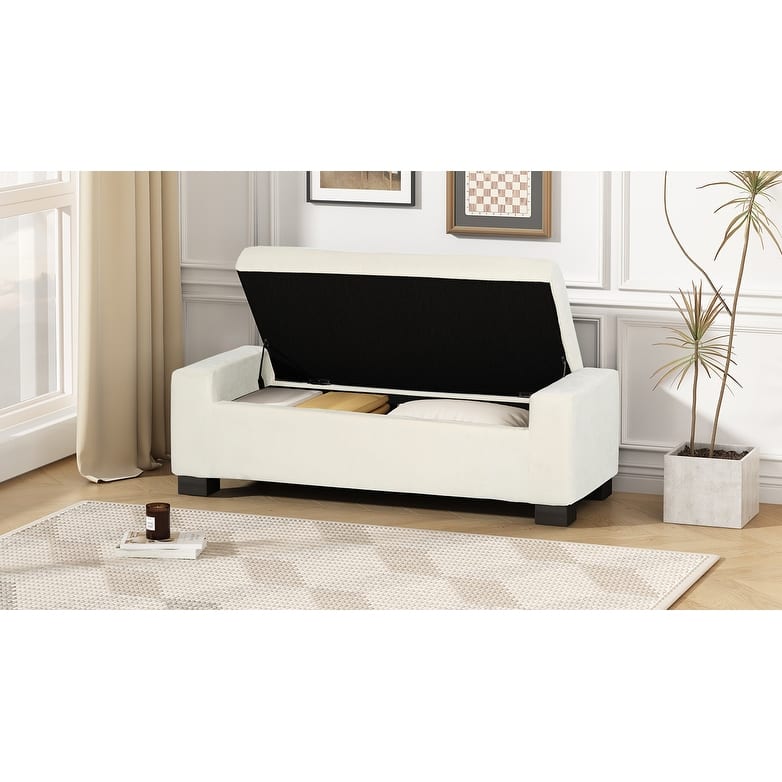 50" Ottoman Bench in Textured Fabric, Rectangular Design with Hinged Lid for Seating, Footrest, and Hidden Storage