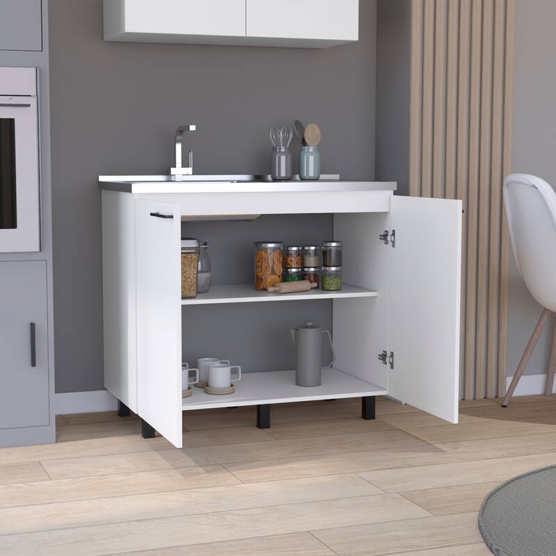 2-Door Freestanding Utility Base Cabinet with Stainless Steel Countertop, Black Finish, Large Shelf for Storage