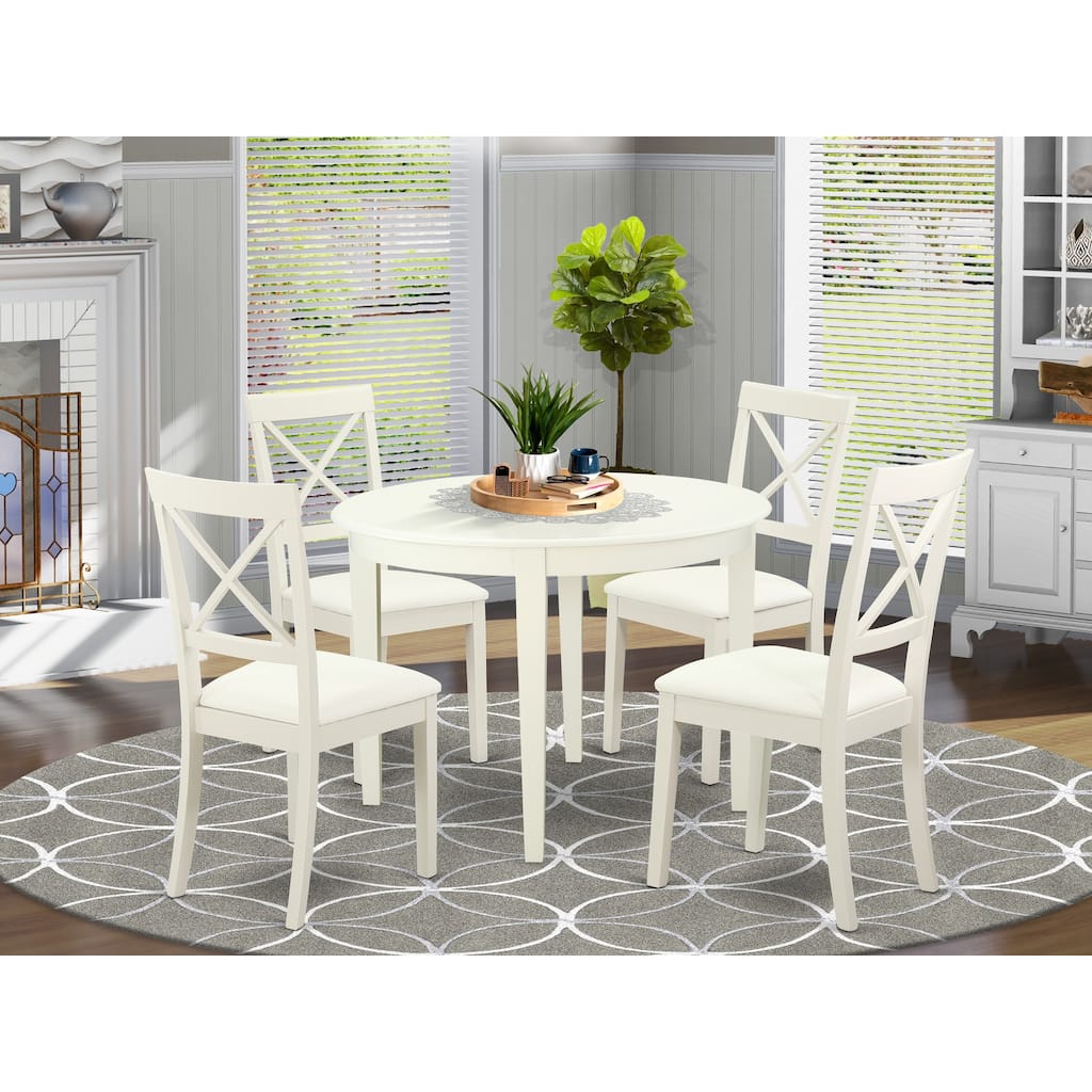 East West Furniture 5 Piece Dining Set Includes a Round Dinner Table and 4 Faux Leather Kitchen Dining Chairs, Linen White