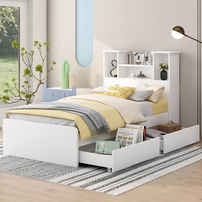 Platform Bed Frame with 4 Open Storage Shelves and 2 Storage Drawers