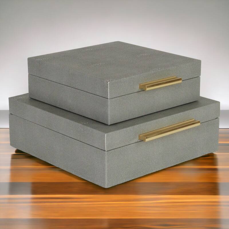 Set of 2 Gray Square Faux Shagreen Decorative Box with Handles 9.75"