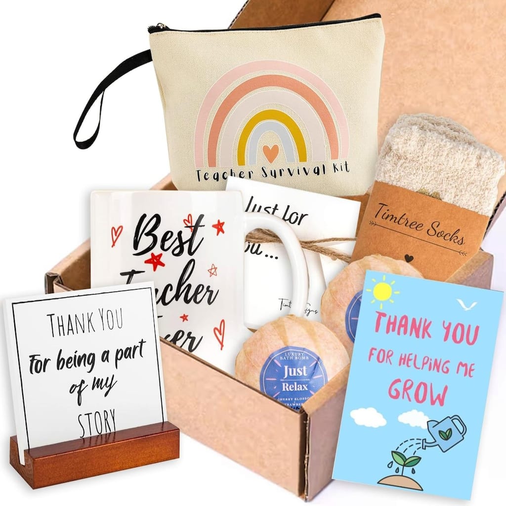 Teacher Appreciation gift box Travel Mug With Accessory Bag, Socks, Mug, Bath Bombs, Greetings Card, Handmade Sign