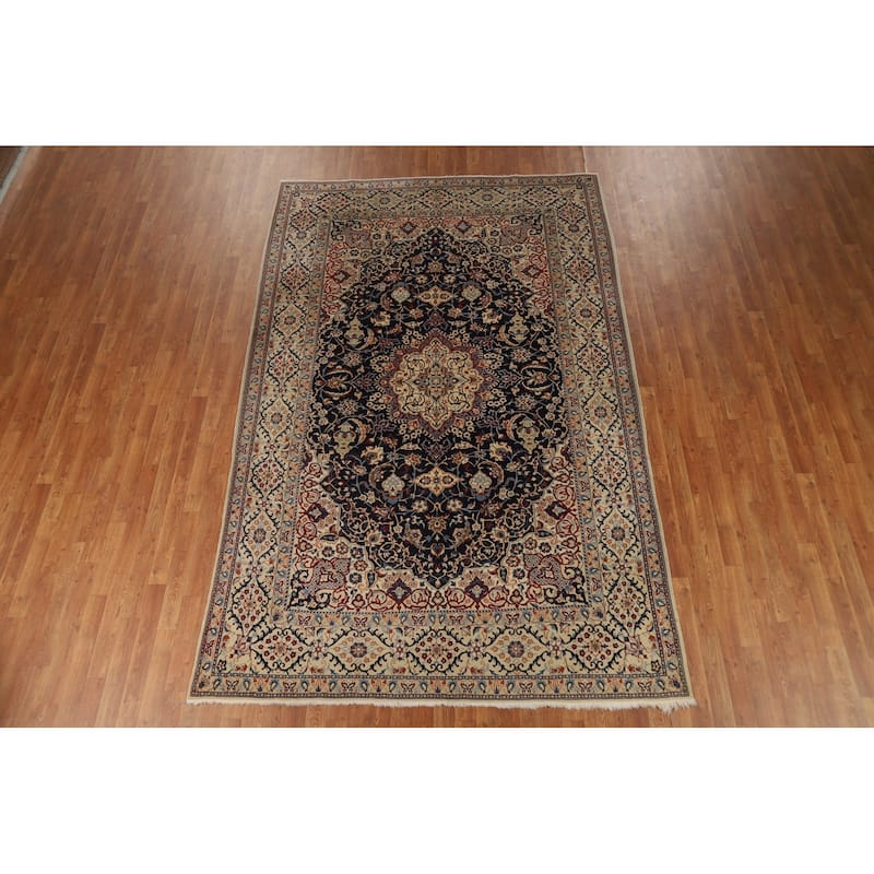 Navy Blue Floral Nain Persian Area Rug Handmade Wool Carpet - 6'7"x 10'5"