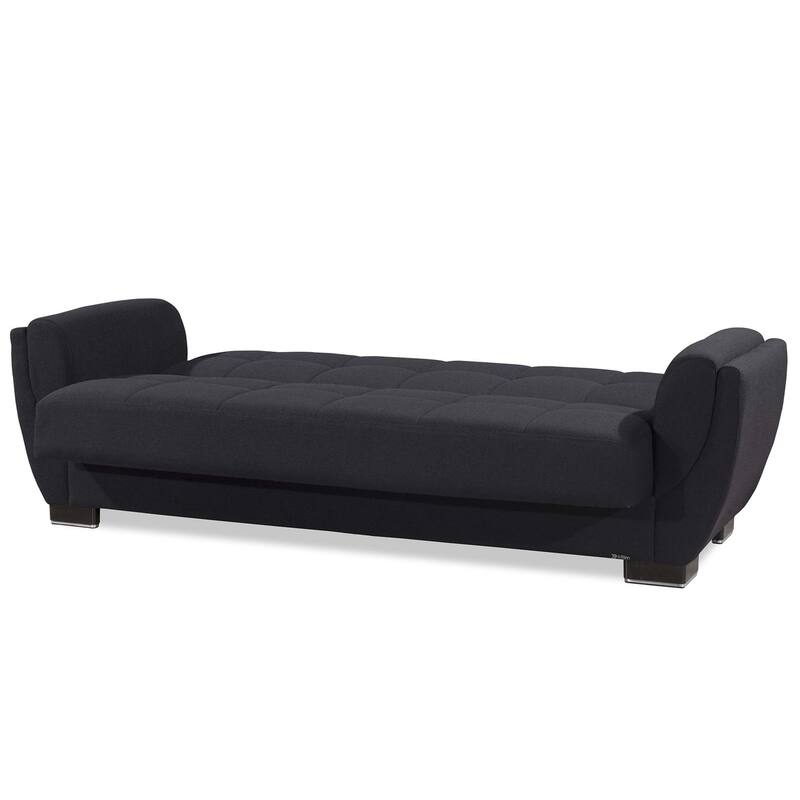 HomeRoots 93" Dark Blue Chenille Convertible Futon Sleeper Sofa And Toss Pillows With Storage