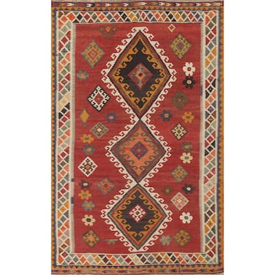 Red Medallion Kilim Qashqai Persian Vintage Rug Flatweave Wool Carpet - 5'1" x 8'3"