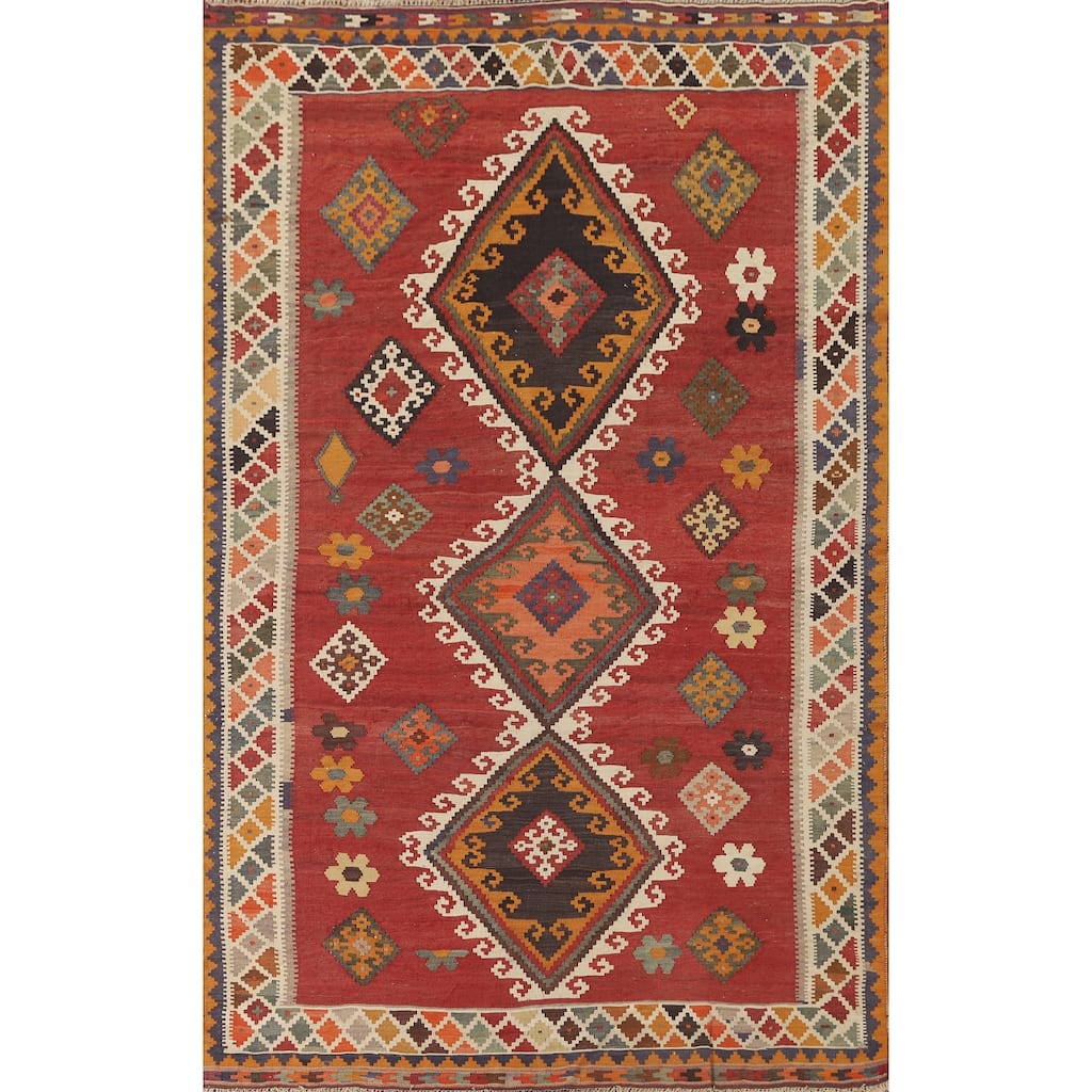 Red Medallion Kilim Qashqai Persian Vintage Rug Flatweave Wool Carpet - 5'1" x 8'3"