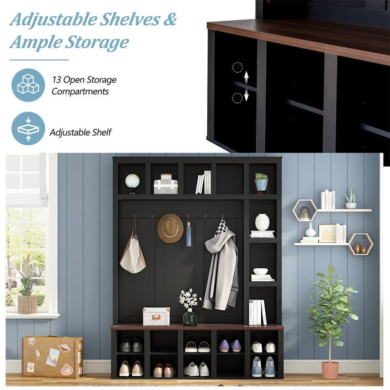 Farmhouse 4-in-1 Hall Tree with Shoe Cabinet, Entryway Storage Bench with 13 Cubbies, Coat Rack w/ Adjustable Shelves & 6 Hooks