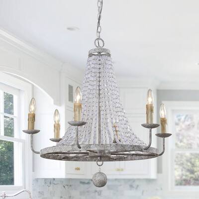 Distressed White 6-Light Crystal Beads Candle Style Chandelier