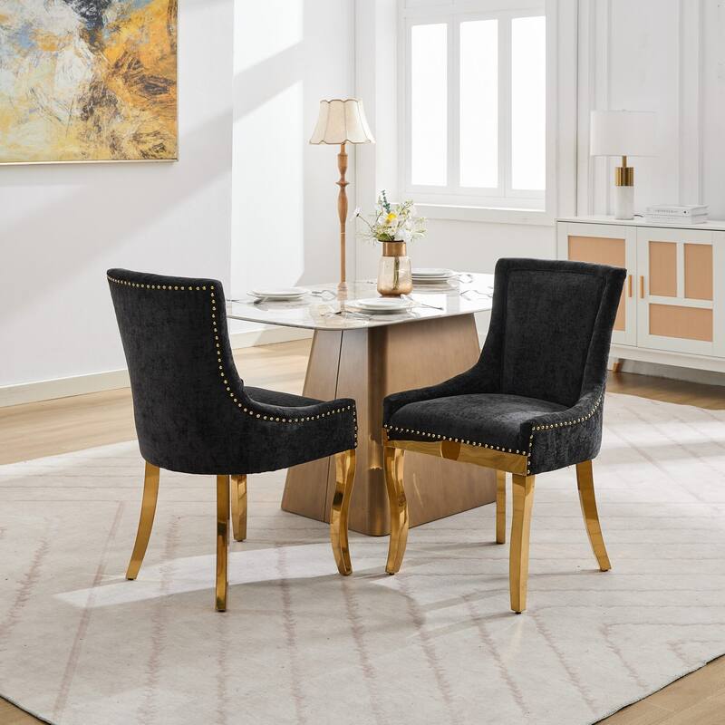 Chenille Dining Chairs, Modern Upholstered Accent Chair with Curved Gold-Plated Legs & Rivet Trim, Plush Fabric, Set of 2