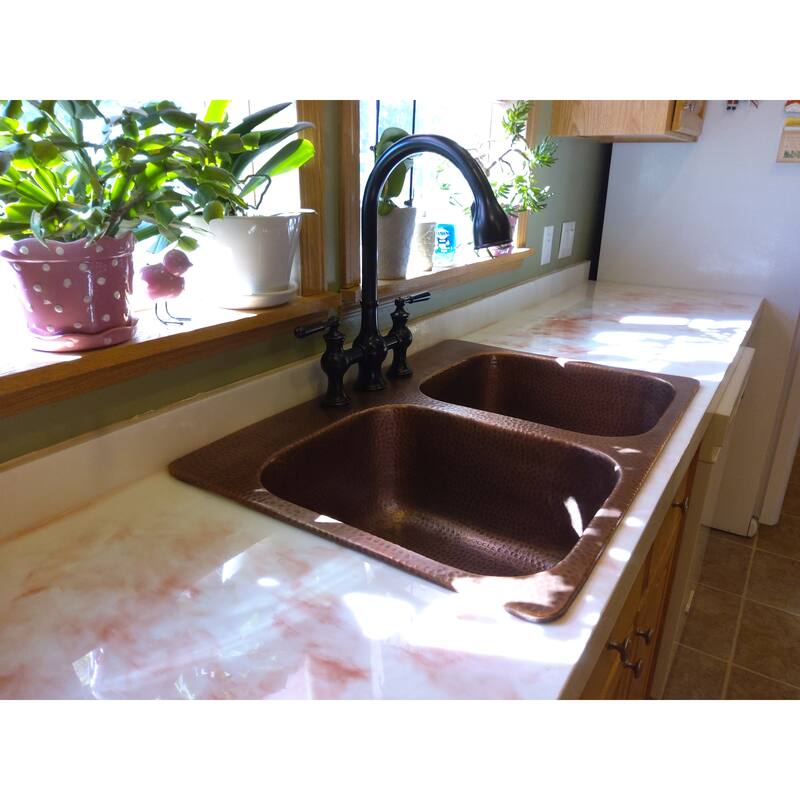 Santi Copper 33" Double Bowl Drop-In Kitchen Sink with 3 Holes