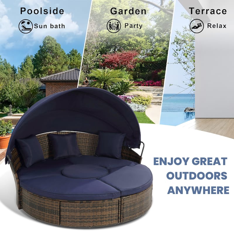 4 Piece Patio Round Rattan Daybed w/Adjustable Sun Canopy, Outdoor Sofa Bed with lift coffee table