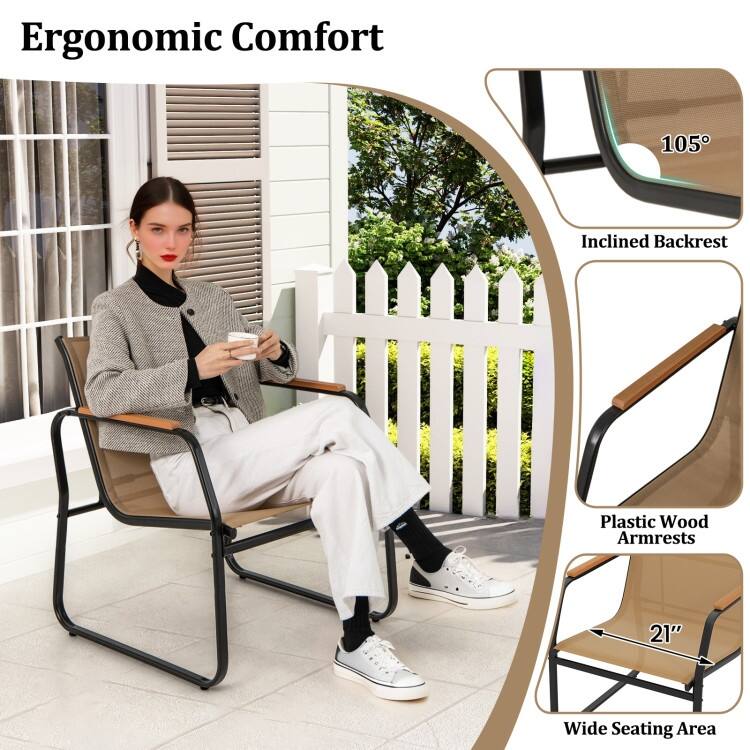 3 Pieces Black-Brown Fabric Metal Patio Chairs with Side Table and Storage - Chair: 26" x 24" x 30"